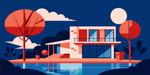 Fototapeta premium A picturesque house situated on a tranquil island, with a beautiful landscape of trees and water.