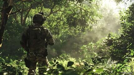 Fototapeta premium Soldier on Patrol: In a remote area, a soldier moves cautiously while on patrol, staying alert to any potential threats in the environment 