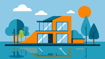 Naklejka premium A picturesque house situated on a tranquil island, with a beautiful landscape of trees and water.