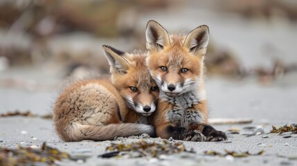 Naklejka premium Adorable Baby Red Foxes Playing Together on Nova Scotia Beach, June 2020