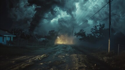 image of raging tornado at the end of road with grass fields and covering sky with black clouds
