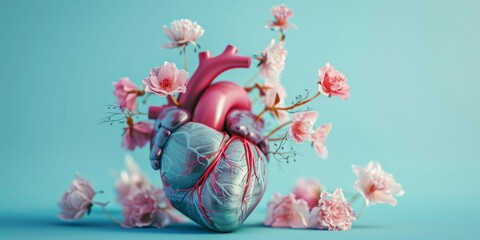 heart with pink flowers on blue background