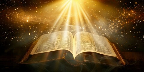 An open Bible with rays of golden light emanating from it