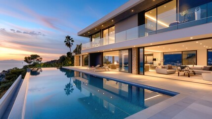 Fototapeta premium contemporary luxury villa with an infinity pool, spacious terraces, and panoramic views