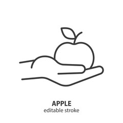 Apple in hand line icon. Fruit vector symbol. Editable stroke.