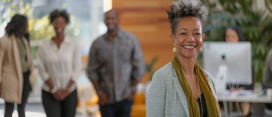 A cheerful woman standing confidently in a lively office environment, radiating positivity and leadership, with colleagues in the background.