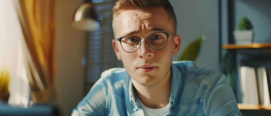 Fototapeta premium A young man wearing glasses looks pensively into the camera, with a thoughtful expression, in a well-lit, modern room with a plant and books in the background.