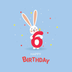 Birthday is 6 years old. A rabbit with a festive candle is 6 years old.