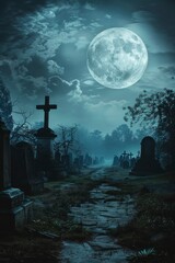 halloween graveyard background with moonlight, spooky cemetery scene in blue hue