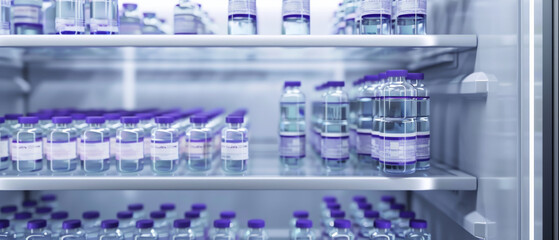 Rows of clear glass vials with purple caps filled with liquid arranged neatly inside a well-lit laboratory refrigerator.