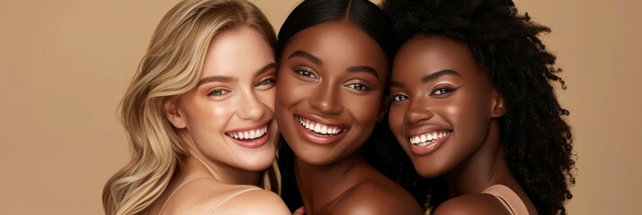 Three diverse beautiful women of different ethnicities smiling and posing together