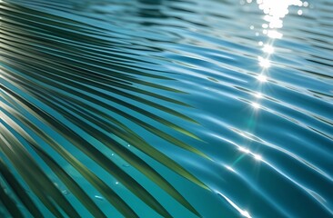 Palm leaves and sandy beach with blurred bokeh against the ocean. Layout of travel and tour offers.