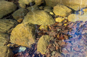 rocky river bottom in shallow water, rock fraction from rock,background for design solutions