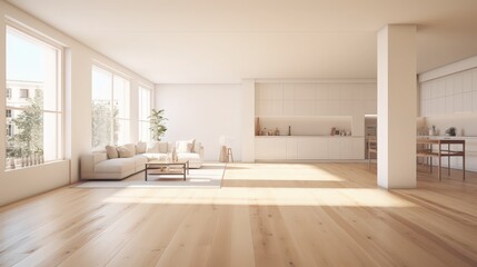 Fototapeta premium spacious bright studio apartment in minimal style and warm pastel white and beige colors. trendy furniture in the living area and modern details in the kitchen area, minimal living room