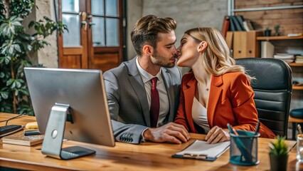 Photo of two people colleagues have secret love affair secretary girl harass seduce man boss in workplace workstation