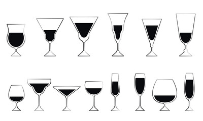 Set of silhouettes of glass glasses for drinks. Glass glasses with drinks and cocktails. Black and white vector. Bar and restaurant concept