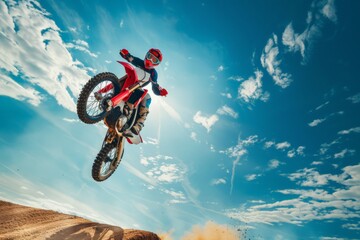 Low Angle View of Motocross Rider Soaring Through the Air on a Sunny Day