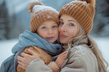 Obraz premium Mother holds her child close, surrounded by a wintery landscape of snow in a cozy hug