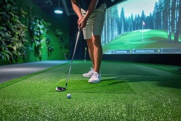 An indoor golf setup with a golfer about to putt towards a digital hole