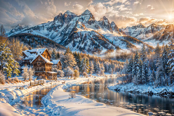 winter landscape in the mountains : AI Generative, not upscale