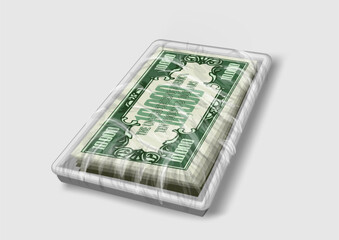 money in a supermarket shrinkwrap package