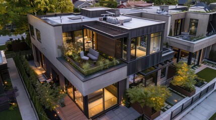 contemporary townhouse with sleek architecture, a rooftop deck, and modern landscaping