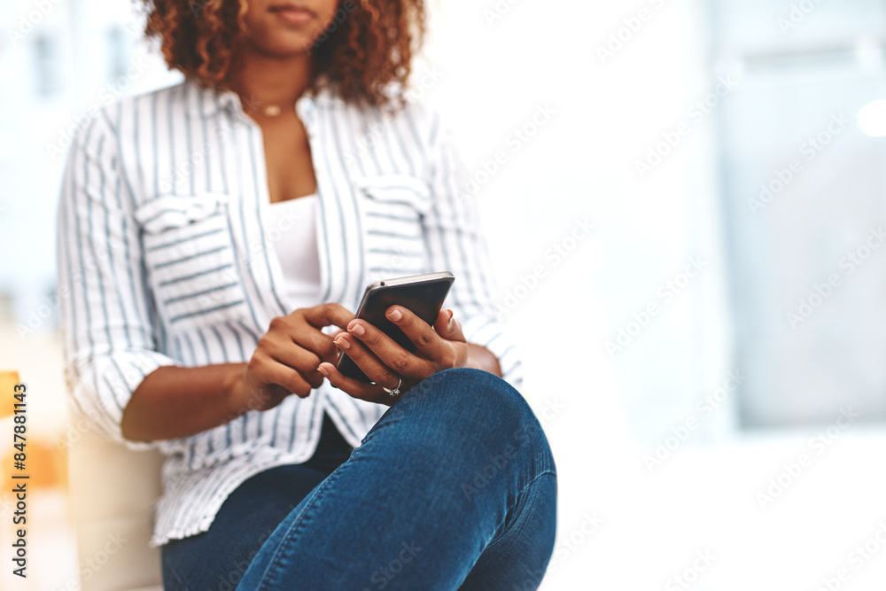 Poster hands, smartphone and typing in office for social media post, communication or online news and email