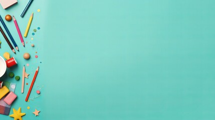 Back to school background with flat lay of colorful school supplies on a green table, featuring pencils, notebooks, scissors, and erasers, top view with copy space.



