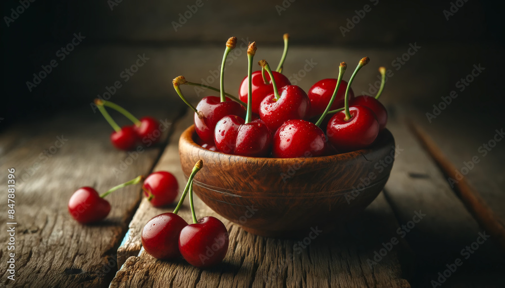 Wall mural a cherry on a wooden plate