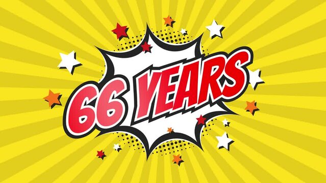 66th sixty-sixth anniversary - 66 sixty-six years birthday. Animated text on pop colorful background with rotating rays.