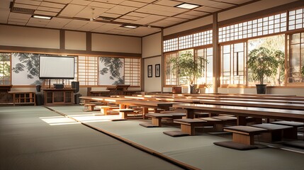 Empty japanese-style classroom interior, traditional tatami flooring and sliding doors



