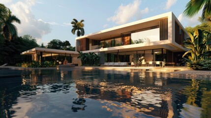 Obraz premium contemporary villa with minimalist architecture, large pool, and lush landscaping