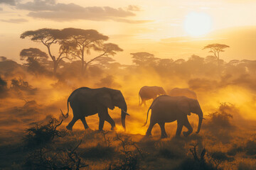 Obraz premium Family of elephants trekking across the vast Serengeti plains, with dust kicking up from their footsteps and the sun setting on the horizon