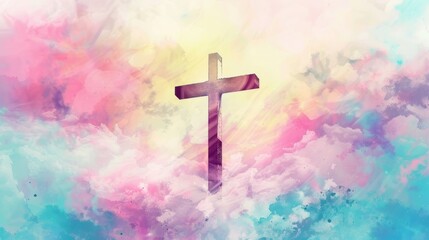 A vibrant depiction of a Christian cross in the clouds with a colorful background, symbolizing faith and spirituality.