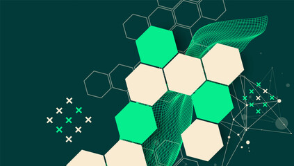 The abstract wave with hexagon is made in a frame style. Template for science and technology presentation. Hand drawn vector art.