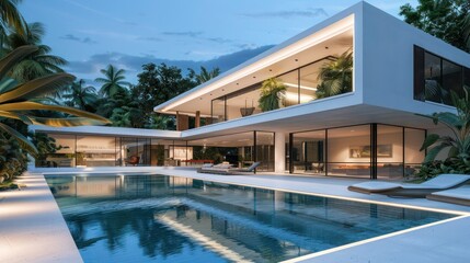 contemporary villa with minimalist architecture, large pool, and lush landscaping