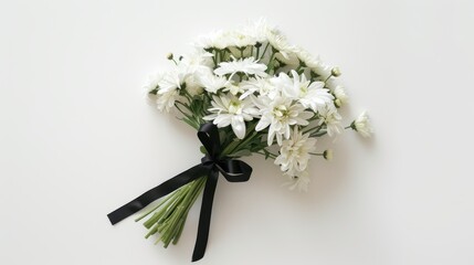Elegant bouquet of white flowers tied with a black ribbon, beautifully arranged against a plain background, perfect for special occasions.