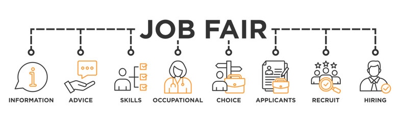 Job fair banner web icon vector illustration concept for employee recruitment and onboarding program with an icon of the information, advice, skills, occupational, applicants, recruit, and hiring