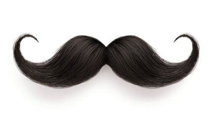 An iconic black fake mustache for men from the retro era stands alone on a white background