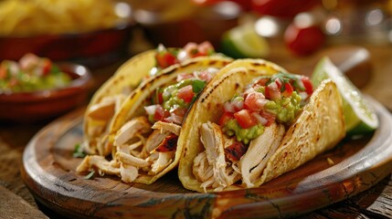 Fototapeta premium Delicious Mexican tacos with meat, beans and vegetables on a dark background. Close up