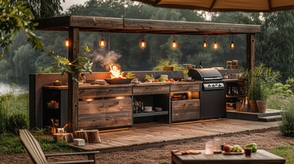 Modern outdoor kitchen with built-in grill, sink, and storage. the perfect space to entertain guests and enjoy the outdoors.