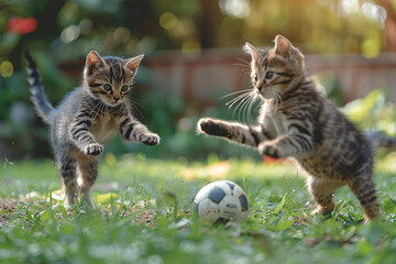 Two gray cats plays yard football on the grass. Generated by artificial intelligence