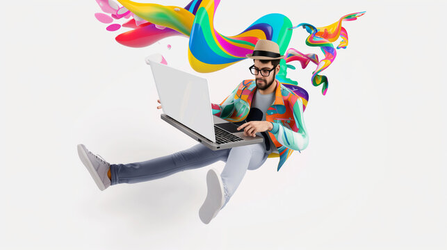 3D illustration of a graphic designer floating in mid-air, working on a laptop with colorful design elements