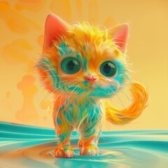 Fototapeta premium A cute kitten with vibrant, colorful fur stands on a swirling turquoise background