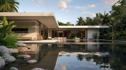 Obraz premium contemporary villa with minimalist architecture, large pool, and lush landscaping