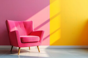 pink armchair in front of colorful wall 