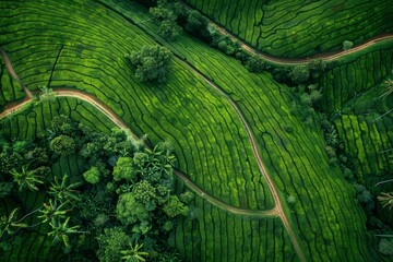 Fototapeta premium aerial view of endless tea plantation plants overhead in Asia