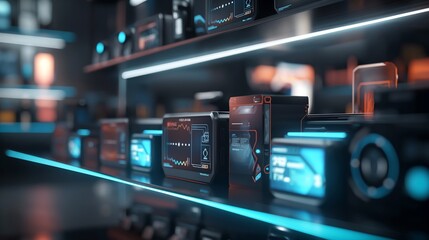 A close-up of a 3D digital shelf displaying futuristic gadgets, each glowing softly in a sleek, modern electronic store setting.