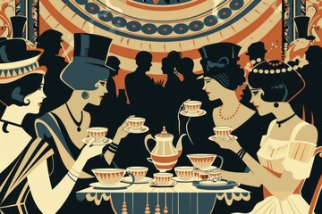 glamorous art deco tea party poster with women having holding tea cups