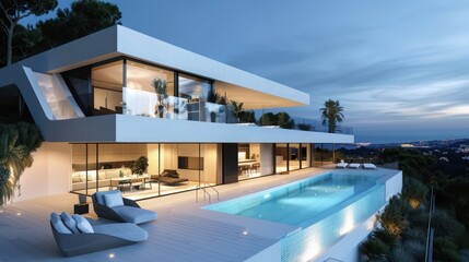 Fototapeta premium contemporary villa with sleek architecture, infinity pool, and panoramic views